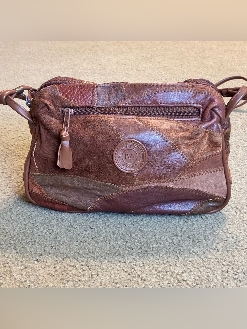 Vintage Mitzi Small Handbag Brown Patch Leather Purse Shoulder Strap Zip Close